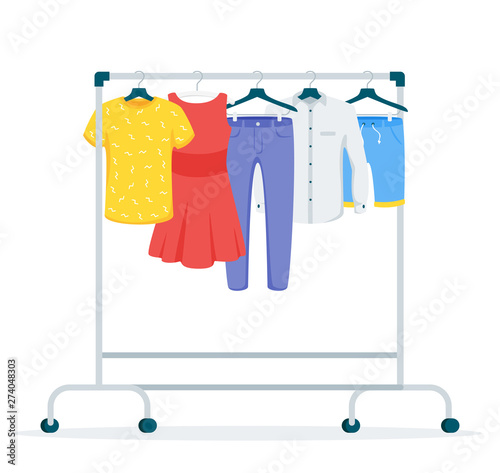 Clothes hanging on rack flat vector illustration