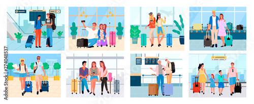 Traveling people, senior man and woman, couple with baggage, friends on voyage airport halls and travelers walking granny and granddad set. Tourists going travel on summer acation, journey or trip