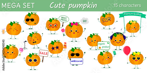 Mega set of fifteen cute kawaii pumpkin vegetable characters in various poses and accessories in cartoon style. Vector illustration, flat design