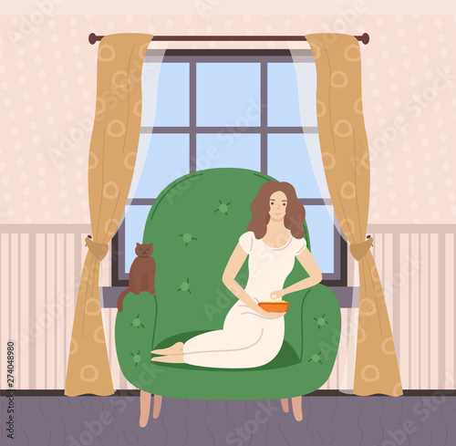 Woman sitting on sofa or big armchair with cat, female eating popcorn, interior of room, wooden window with curtain, wallpaper and floor, leisure vector