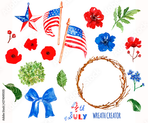 Watercolor patriotic wreath creator. 4th of july symbols, isolated on white b...