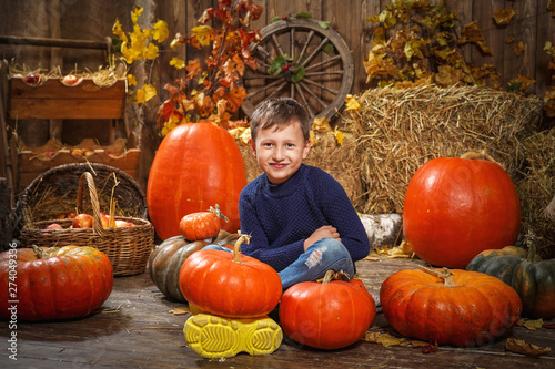 baby in the hay with pumpkins. happy boy sitting on the floor with different pumpkins.