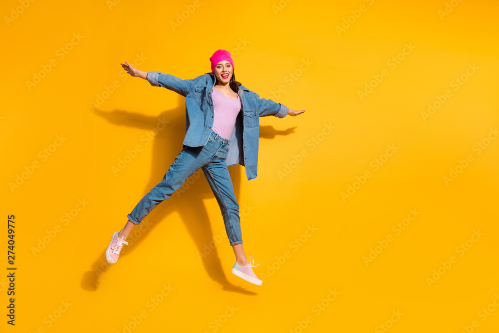 Full length body size view photo of pretty millennial people person have weekend vacation spring enjoy dressed fashionable clothing sneakers isolated yellow background