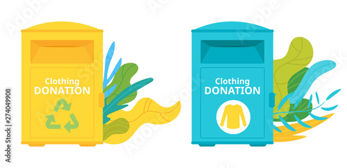 Clothes donation boxes flat vector illustrations set