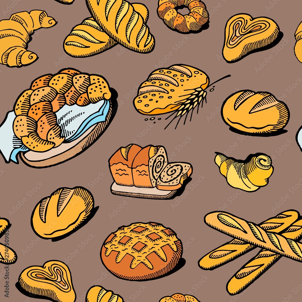 Bread seamless pattern. Vector drawing. Bakery product colored sketch background. Vintage food illustration for bakeshop, baker bread house label, menu or packaging design.