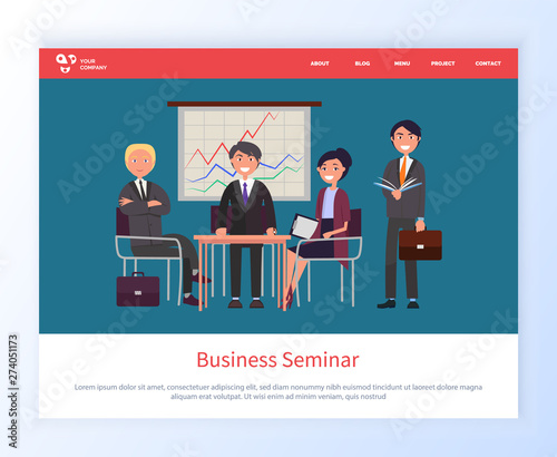 Business seminar person with whiteboard vector, meeting of partners discussion in office, people interested in business man and woman by table. Website or webpage template, landing page flat style