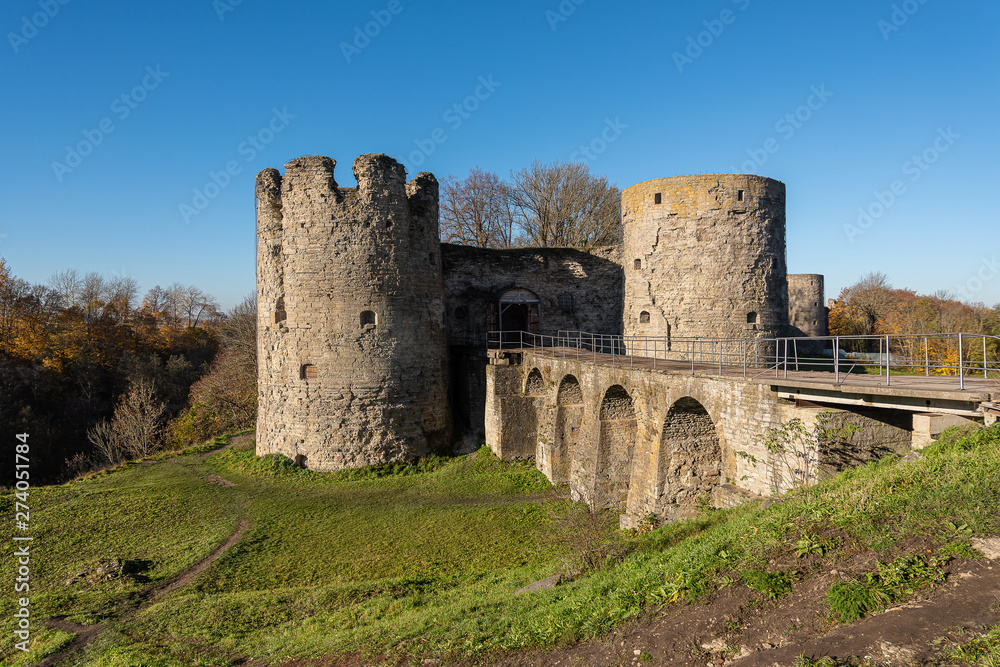 medieval fortress in Koporye in the autumn main entrance medieval fortress in Koporye in the autumn main entrance