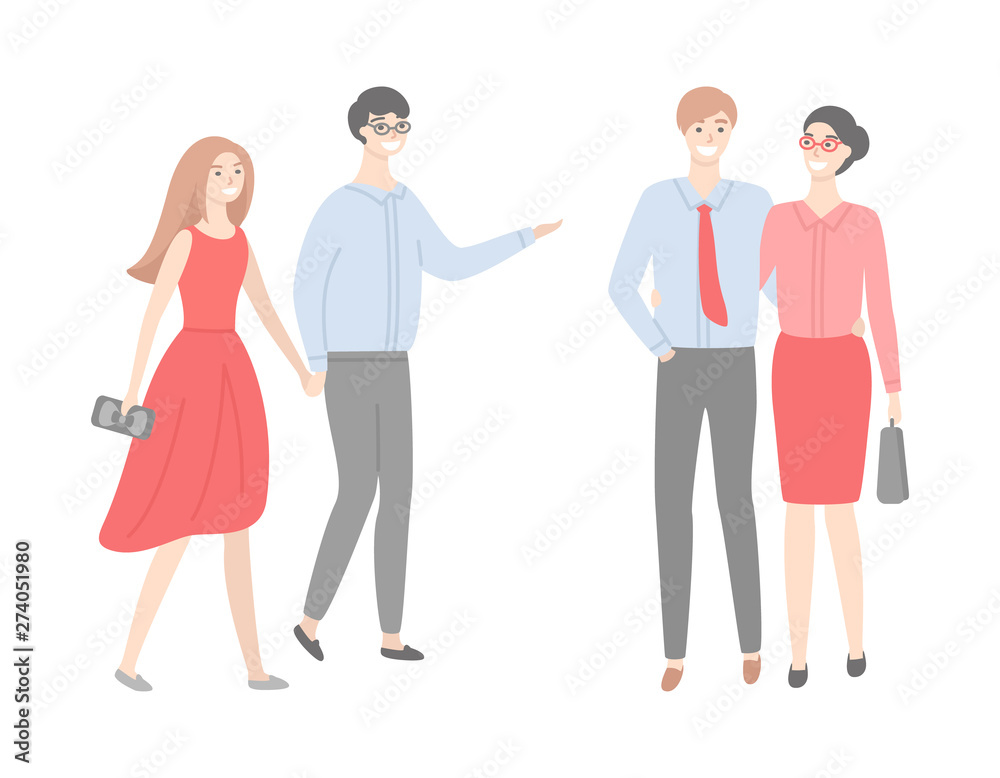 Two couples, men in shirts and trousers and women in red gowns, bag in hands. Married office workers, business people in strict cloth isolated vector