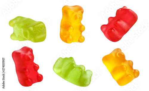 Collection of colorful jelly gummy bears, isolated on white background