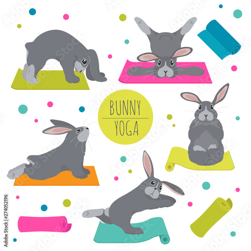 Bunny yoga poses and exercises. Cute cartoon clipart set