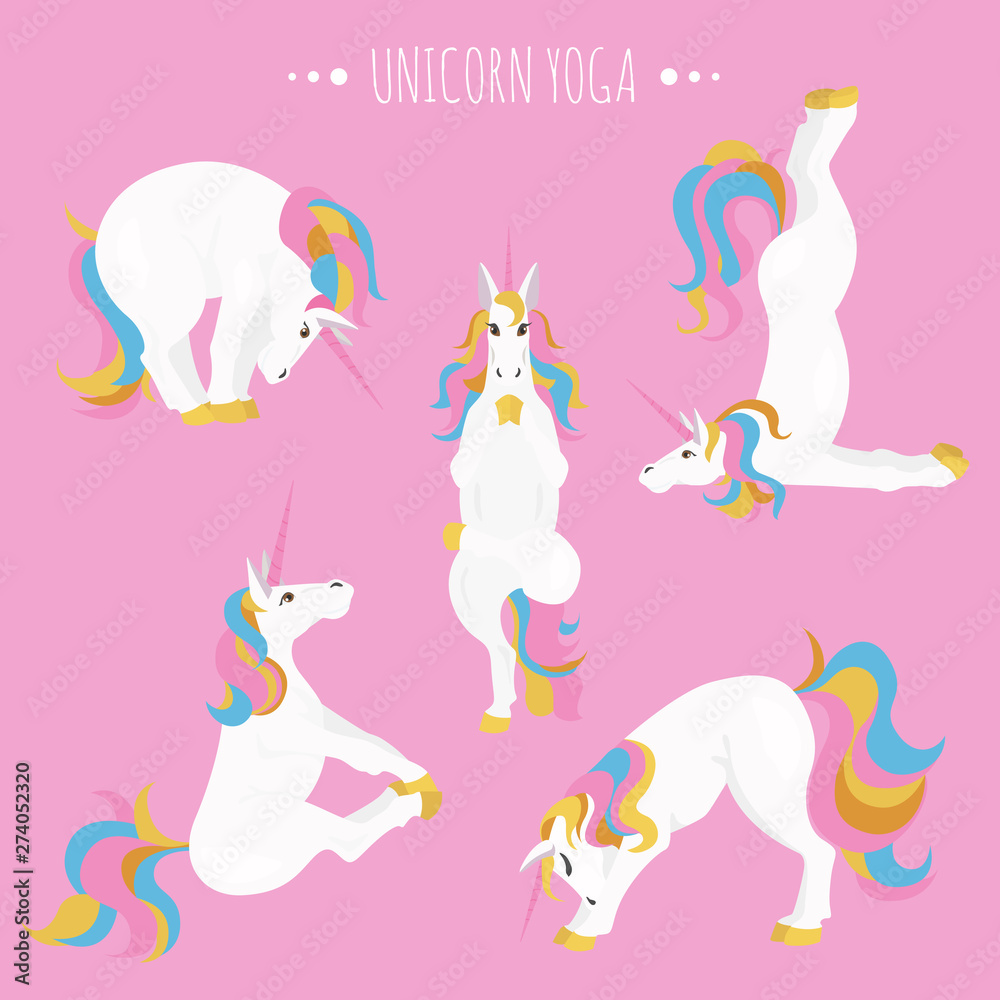 White unicorn yoga poses and exercises. Cute cartoon clipart set.