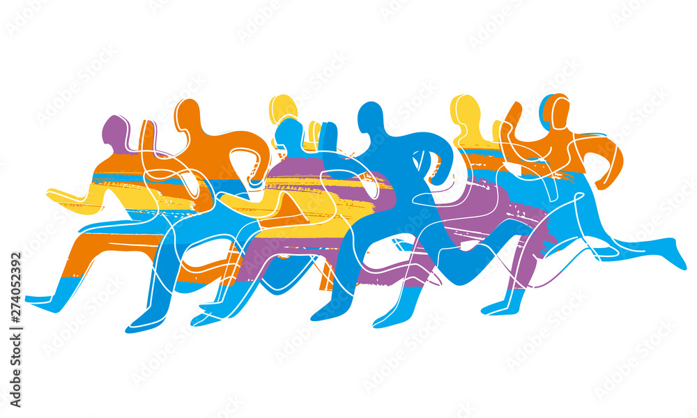 Obraz premium Running race, marathon. Colorful expressive stylized illustration of running racers. Vector available.