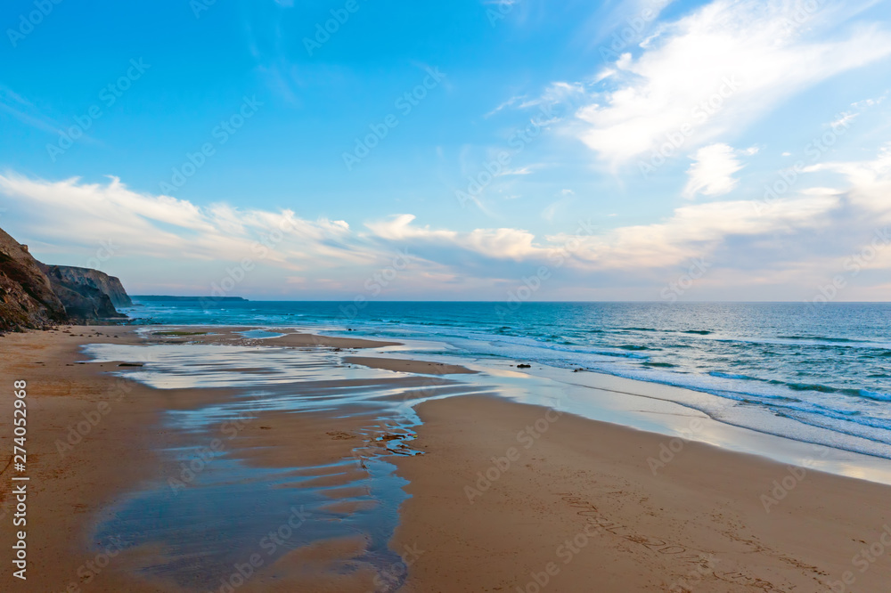 Aerial from Praia Vale Figueiras in Portugal at sunset