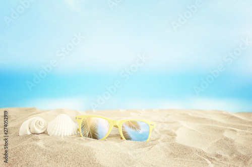 Empty sand beach  seashells and sunglasses in front of summer sea background with copy space