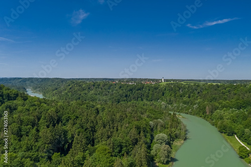 An aerial of the Isar river in the South of Munich.