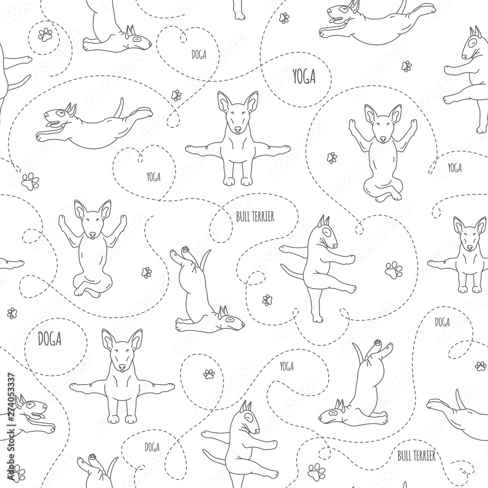Obraz premium Yoga dogs poses and exercises. Bull terrier seamless pattern
