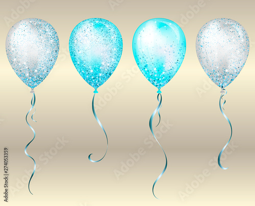 Flying glossy blue shiny realistic 3D helium balloons with gold ribbon and glitter sparkles, perfect decoration for birthday party brochures, invitation card or baby shower