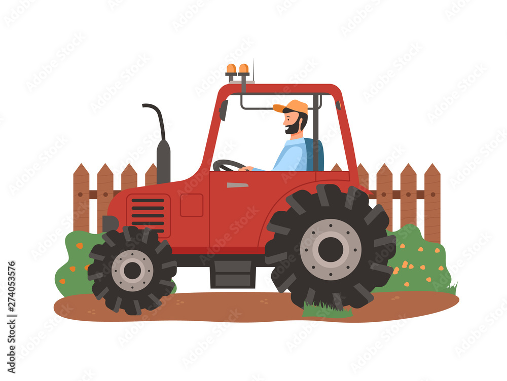 Fototapeta premium Person in tractor vector, agriculture and husbandry seasonal works. Man sitting in agricultural machinery, fence and bushes of rural area isolated