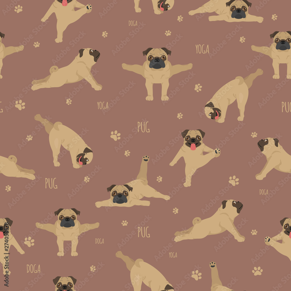 Fototapeta premium Yoga dogs poses and exercises. Pug seamless pattern