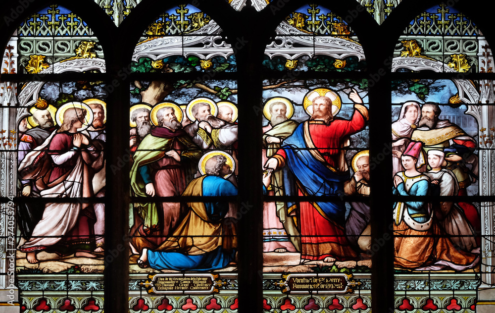 Jesus gives Peter the keys to the Kingdom, stained glass window in Saint Severin church in Paris, France