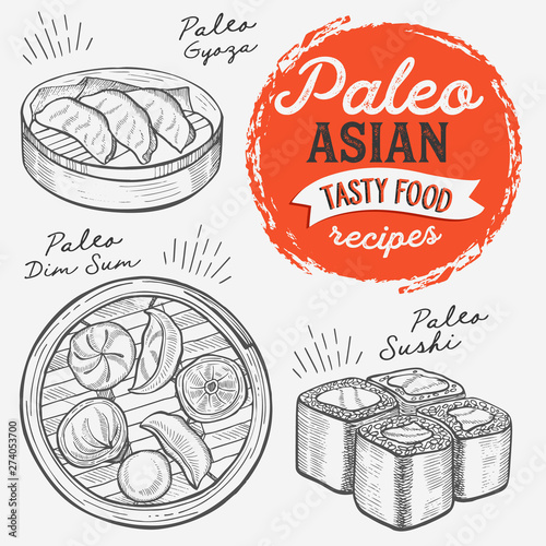 Asian illustrations - sushi, dim sum, noodle, gyoza for paleo diet.