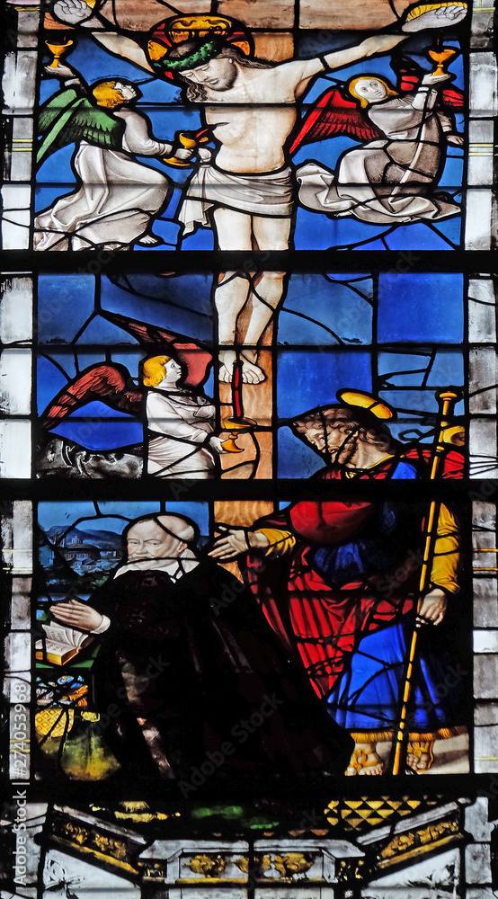Crucifixion, stained glass window in Saint Severin church in Paris, France Crucifixion, stained glass window in Saint Severin church in Paris, France