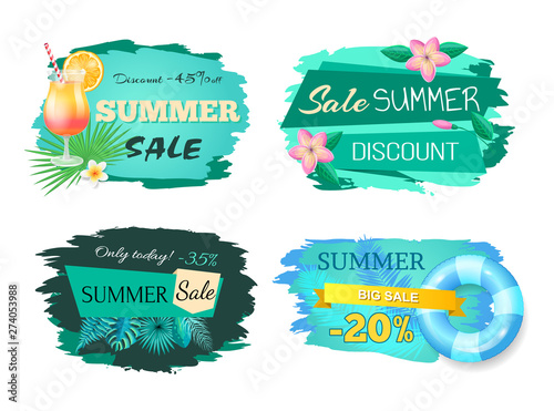 Summer sale advertisement labels vector illustration isolated on white. Set of summertime stickers with cocktail, flowers and info about discounts