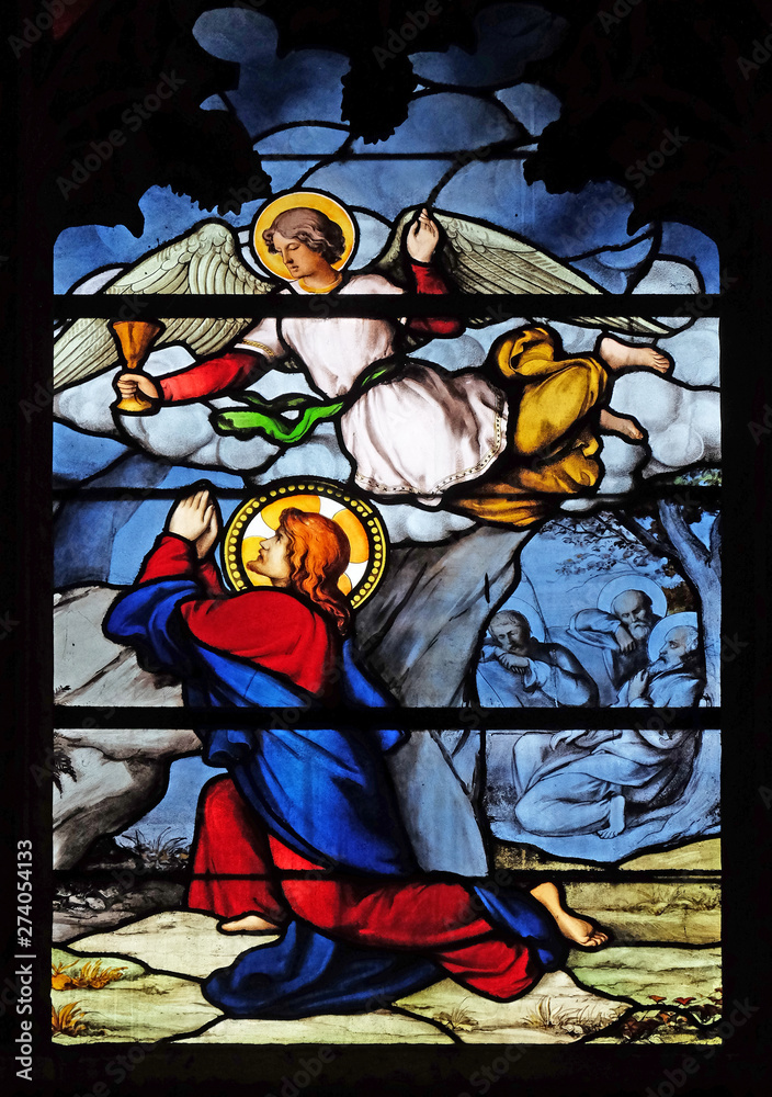 Agony in the Garden, stained glass window in Saint Severin church in Paris, France 