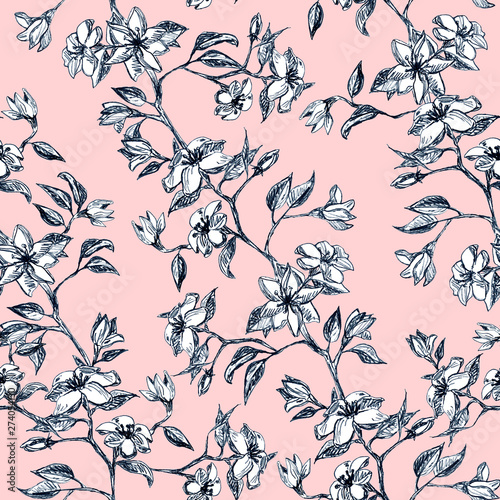 Flowers and leaves on branch, hand drawn - seamless pattern with blossom on pink background