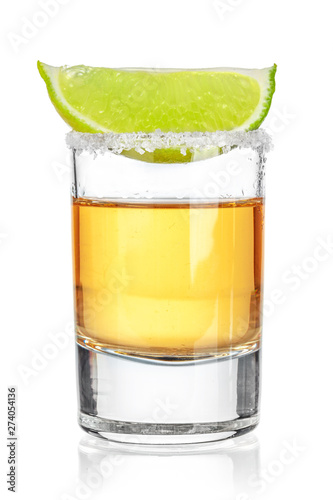 Gold tequila shot  isolated on white background