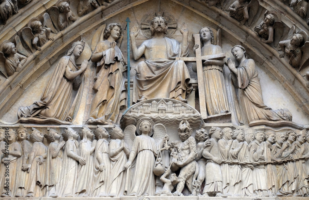 Christ in Majesty, Portal of the Last Judgment, Notre Dame Cathedral, Paris, UNESCO World Heritage Site in Paris, France 