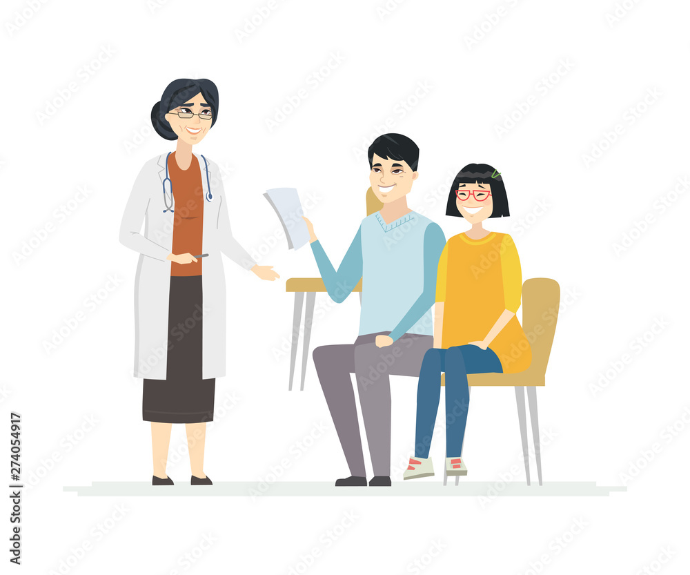Father with daughter at doctors - cartoon people characters illustration