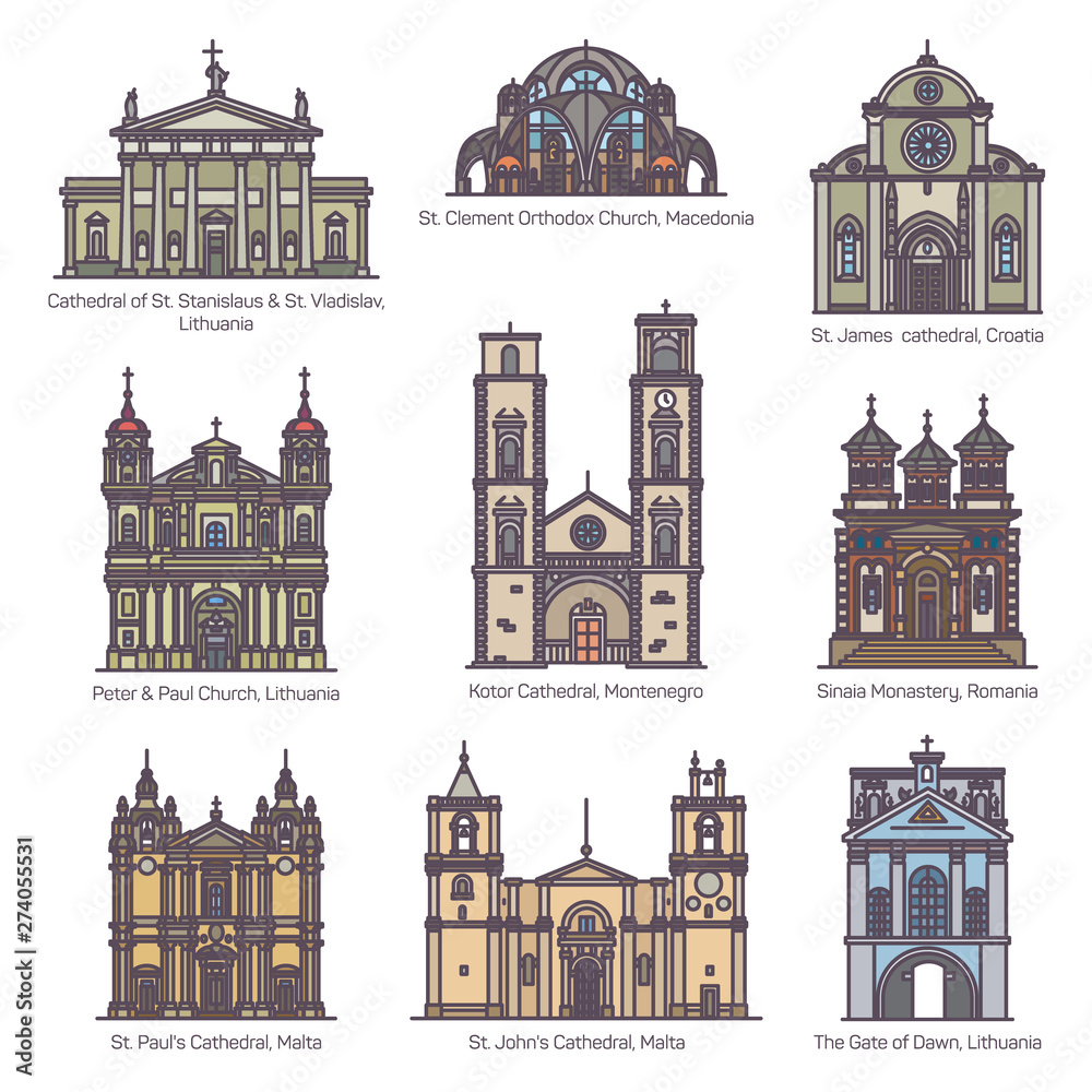 Set of isolated color churches of Europe
