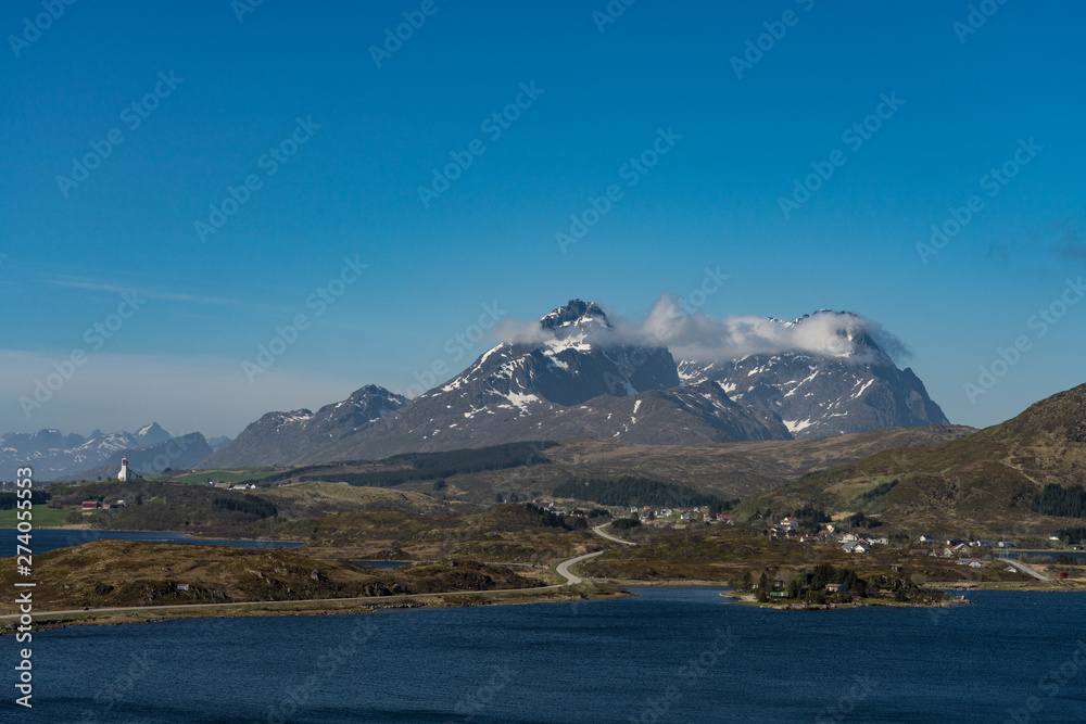 View across fjord towards the town of Borge, Lofoten Islands, Norway