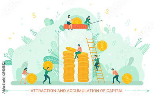 Attraction and accumulation of capital vector, people dealing financial assets and investment in future. Jar with gold dollars and coins of currency. Financial accumulation money in capitalism market