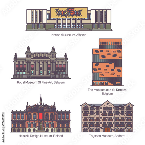 Set of isolated european museums in line