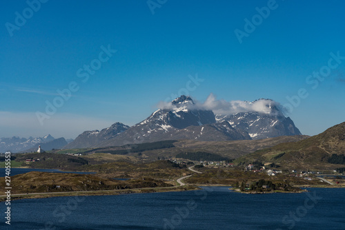 View across fjord towards the town of Borge, Lofoten Islands, Norway