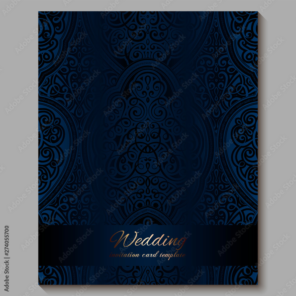 Wedding invitation card with gold shiny eastern and baroque rich foliage. Royal blue Ornate islamic background for your design. Islam, Arabic, Indian, Dubai.