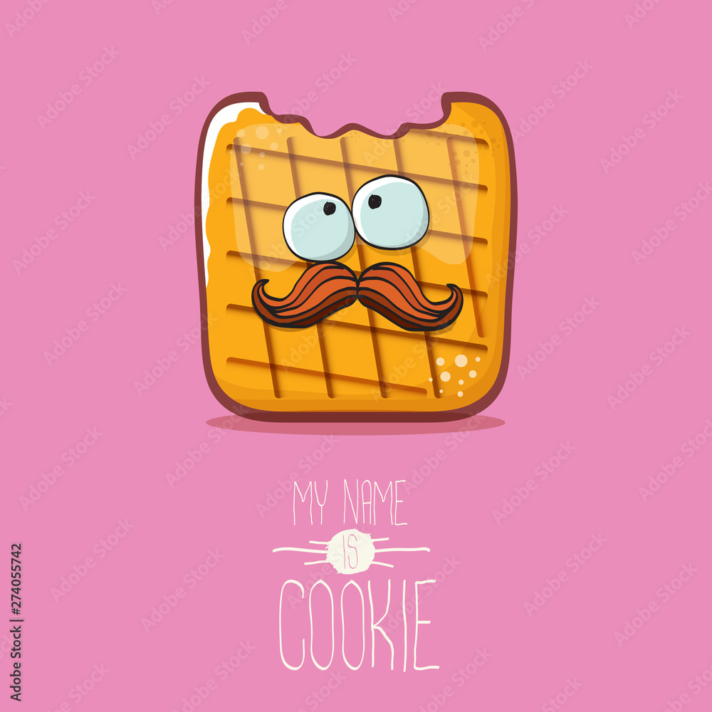 Fototapeta premium vector funny cookie character isolated on pink background. My name is cookie concept illustration. funky food character or bakery label mascot