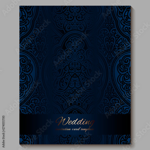 Wedding invitation card with gold shiny eastern and baroque rich foliage. Royal blue Ornate islamic background for your design. Islam  Arabic  Indian  Dubai.