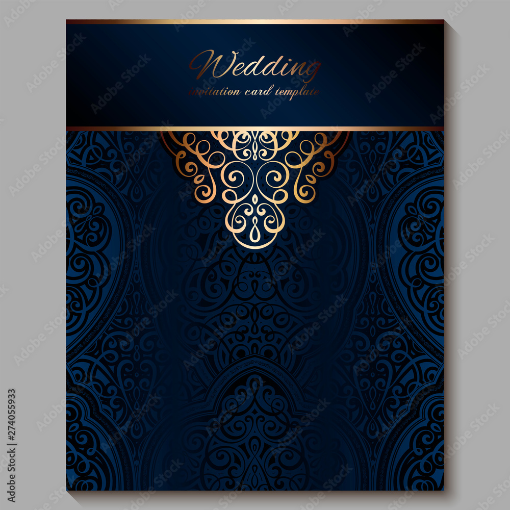 Wedding invitation card with gold shiny eastern and baroque rich foliage. Royal blue Ornate islamic background for your design. Islam, Arabic, Indian, Dubai.