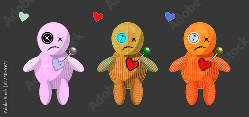 Set of isolated different colors voodoo dolls, little monsters on dark grey back, unhappy love symbols, stressful emotions in a relationship, cartoon illustrations of african tradishional joss