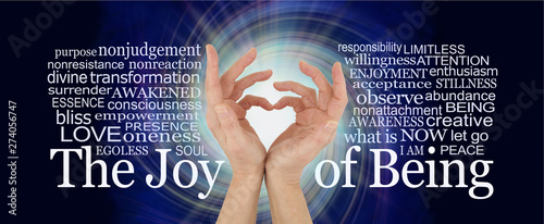 The Joy of Being word cloud - pair of female hands making a heart shape against a white rotating vortex surround by words relevant to the Joy of Being spiritual concept photo