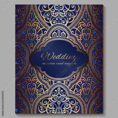 Wedding invitation card with gold shiny eastern and baroque rich foliage. Royal blue Ornate islamic background for your design. Islam, Arabic, Indian, Dubai.