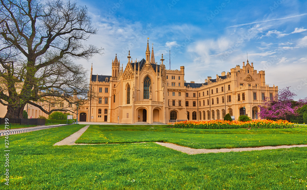 LEDNICE, CZECH REPUBLIC - April 23rd, 2018: Lednice castle surrounded by beautiful park in Southern Moravia, popular travel destination LEDNICE, CZECH REPUBLIC - April 23rd, 2018: Lednice castle surrounded by beautiful park in Southern Moravia, popular travel destination
