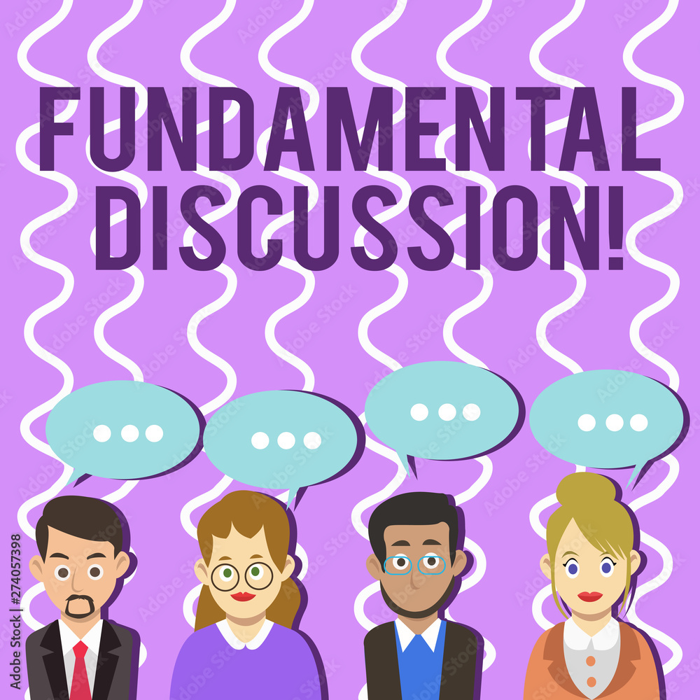 Conceptual hand writing showing Fundamental Discussion. Business photo text Necessary action or process of talking something Group of Business People with Speech Bubble with Three Dots. Conceptual hand writing showing Fundamental Discussion. Business photo text Necessary action or process of talking something Group of Business People with Speech Bubble with Three Dots.