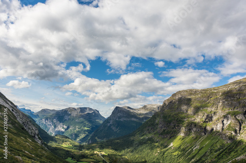 Mountain landscape in Norway - view from Dalsnibba peak towards the Geiranger valley