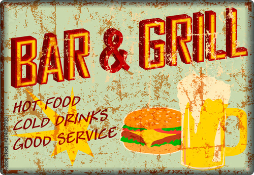 retro super grungy old bar and grill diner sign, american vintage style vector Illustration