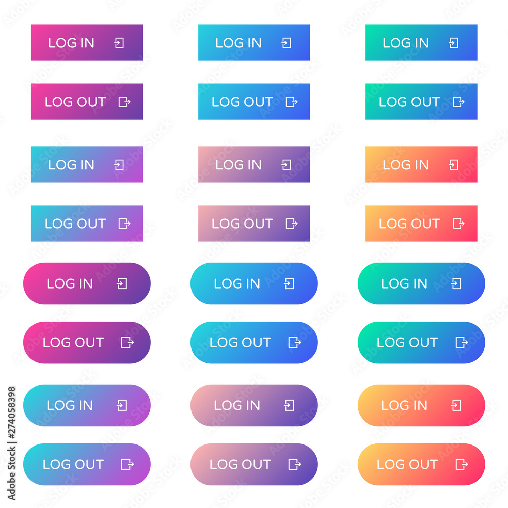 log in log out web buttons set. filled ui web buttons in flat style. rounded and rectangular vector buttons on trendy gradients with icons for web and ui design log in log out web buttons set. filled ui web buttons in flat style. rounded and rectangular vector buttons on trendy gradients with icons for web and ui design