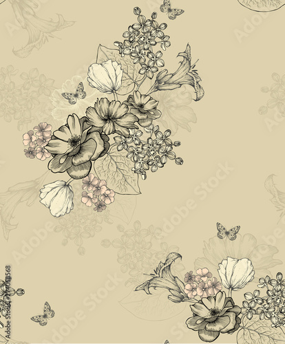 Wallpaper Mural Seamless wallpaper with flowers and butterflies. Vector illustration. Torontodigital.ca